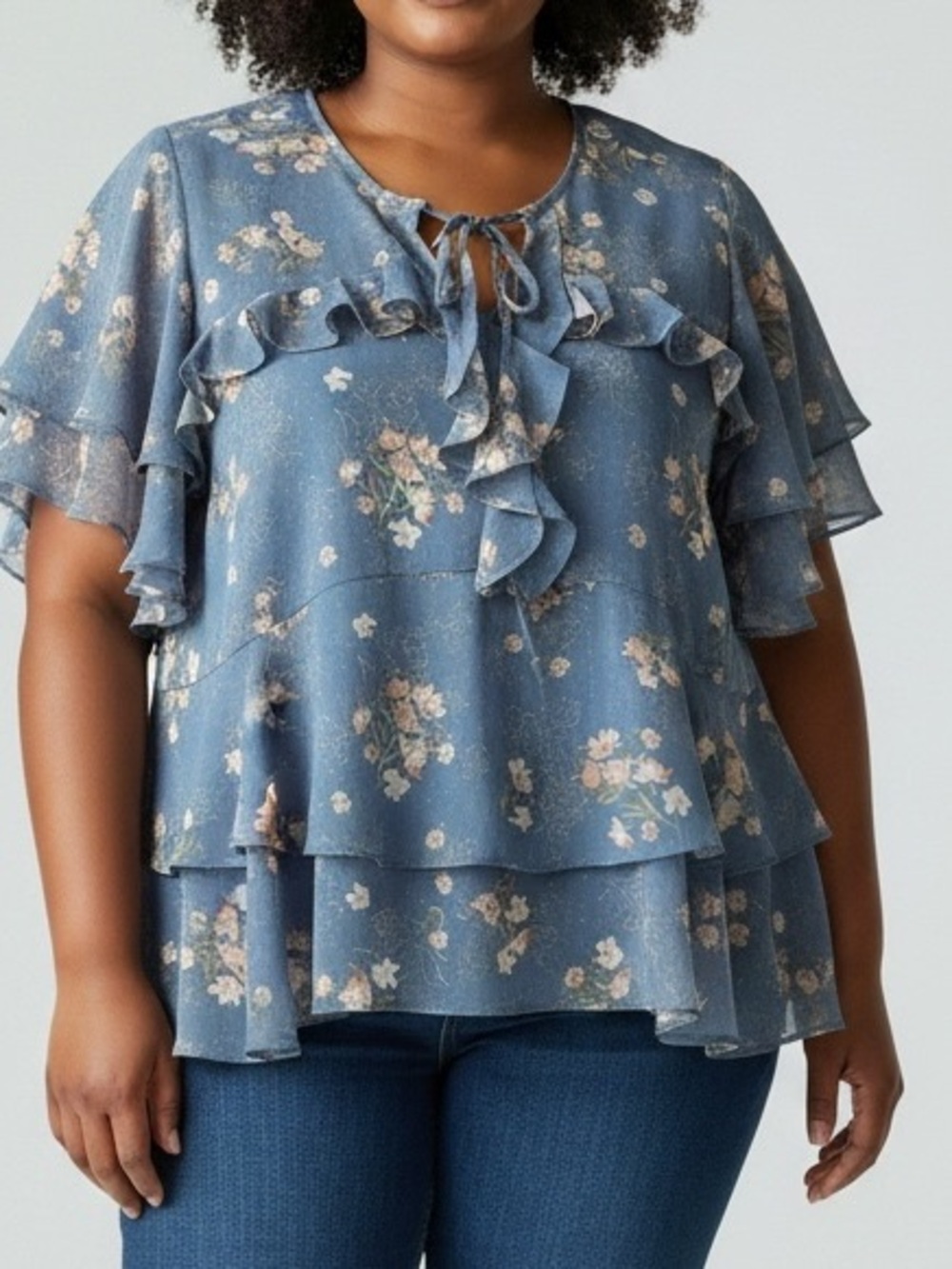 Torrid Women’s Size 1X 14-16 Dusty Blue Floral Ruffle Tiered Blouse